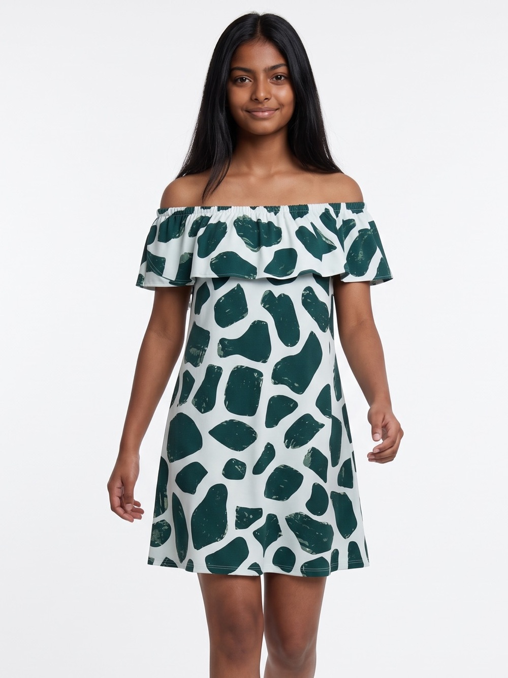 Nine West White Off-Shoulder Dress with Dark Green Abstract Print